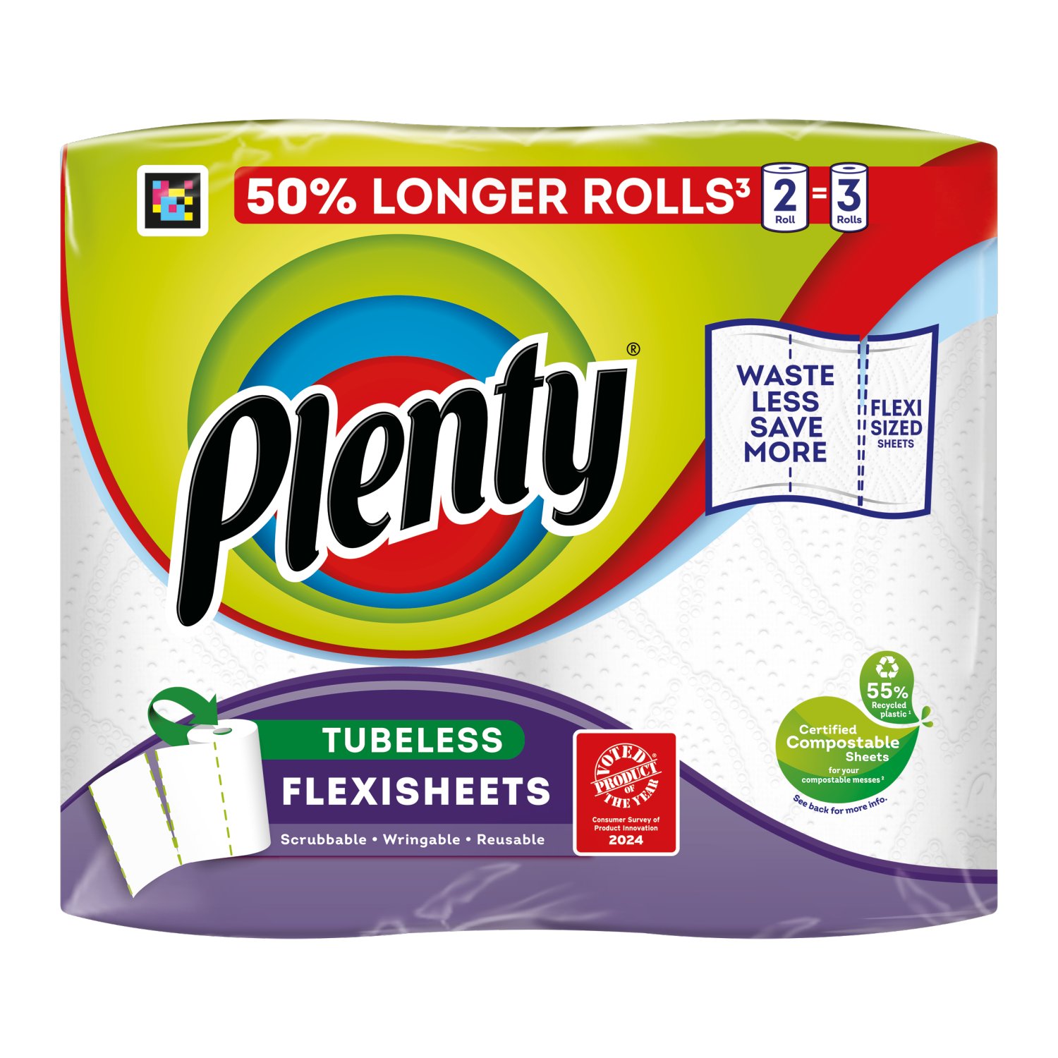 Plenty Flexi-sized sheets 50% Longer Tubeless Kitchen Towel 2 roll (2 Roll)