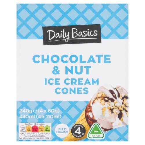 Daily Basics Chocolate & Nut Ice Cream Cones 4 Pack (110 ml)