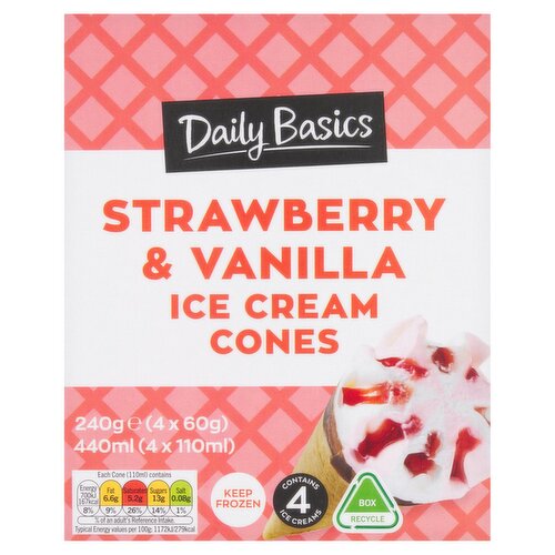 Daily Basics Strawberry & Vanilla Ice Cream Cones 4 Pack (110 ml)