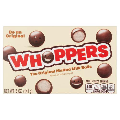 Whoppers The Original Malted Milk Balls Candy, 5 oz
When you want a movie theater snack or a sweet ice cream topping, look to WHOPPERS The Original Malted Milk Balls! WHOPPERS Malted Milk Balls are perfect any time you want a sweet, poppable treat.
25% less fat* than the average of the leading chocolate candy brands
*25% less fat than the average of the leading chocolate candy brands. 5 grams of fat per 30 gram serving vs. 7 grams of fat in the average of the leading chocolate candy brands.