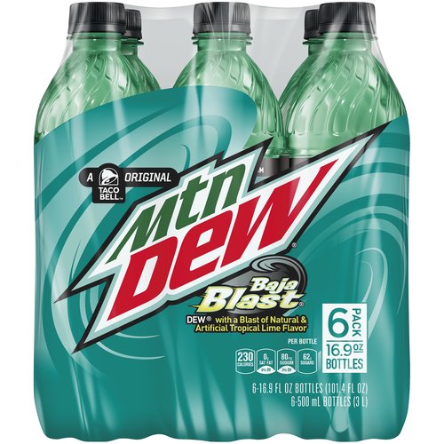 Mtn DEW Original Baja Blast Tropical Lime Flavor Soda, 16.9 fl oz
Mountain Dew Baja Blast has the exhilarating taste of DEW with a blast of tropical lime flavor. This pack comes with six 16.9oz bottles, so you can share the intense refreshment.

Tropical lime flavor | The exhilarating taste of DEW, with a twist | Includes six 16.9 oz bottles