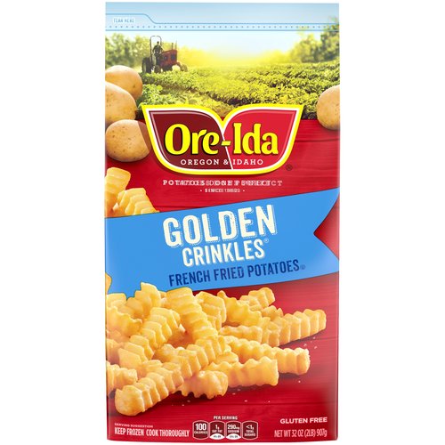 Ore-Ida Golden Crinkles French Fries Fried Frozen Potatoes, 32 oz Bag
Ore-Ida Golden Crinkles French Fried Potatoes make it easy to enjoy delicious fries at home. Crispy and golden, these Grade A fries are made from freshly peeled, American grown potatoes. These gluten free fries offer a crispy crinkle cut outside with a fluffy inside for the perfect blend of textures to make your next family meal a success. Toss these frozen fries on a baking sheet to bake them in the oven according to package instructions for perfect golden fries. An American classic, these crinkle fries are perfect for dipping. Serve up the traditional burger and fries, or get creative with loaded fries topped with cheese and bacon. These crinkle cut fries come sealed in a 32 ounce bag to help lock in flavor. Your family deserves the highest quality because if it's not Grade A, it's not Ore-Ida!
• One 32 oz. bag of Ore-Ida Golden Crinkles French Fried Potatoes
• Ore-Ida Golden Crinkles French Fried Potatoes offer an easy side dish for your meals
• Gluten free French fries
• Made from the highest quality Grade A potatoes grown in the U.S.
• Classic crinkle fries are perfect for dipping in ketchup
• Enjoy the classic burger and fries combo
• Sealed in a bag for convenient storage in your freezer
• Certified Kosher French fries