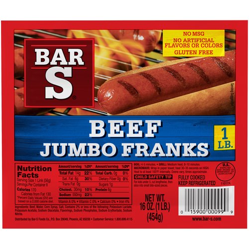 Bar-S Beef Jumbo Franks, 8 count, 16 oz