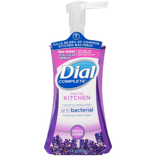 Dial Complete Fresh Lavender Antibacterial Foaming Hand Wash, 7.5 fl oz
Kills 99.99% of common kitchen bacteria*
*Bacteria include E. Coli, Salmonella, Shigella, and Listeria

Use
For handwashing to decrease bacteria on the skin.

Drug Facts
Active ingredient - Purpose
Benzalkonium chloride 0.13% - Antibacterial