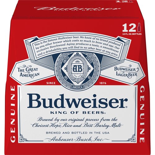 12 fl oz each. Budweiser is a medium-bodied, flavorful, crisp American-style lager. Brewed with the best barley malt and a blend of premium hop varieties, it is an iconic beer, celebrated in America.
