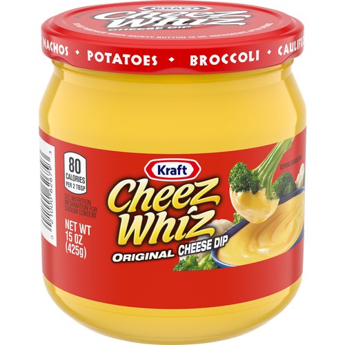 Cheez Whiz Original Cheese Dip, 15 oz Jar
Treat yourself to Kraft Cheez Whiz Original Cheese Dip, the dip that goes well with everything from raw vegetables to chips and pretzels. This versatile creamy dip is bursting with cheesy flavor. Enjoy it with broccoli, cauliflower, potato skins or a bag of chips for a tasty snack. To create a delicious hot dip for tortilla chips, heat Cheez Whiz in the microwave and mix with salsa. This cheese dip comes ready to eat, bringing you an easy dip you can serve guests or devour with the family. The 15 ounce resealable jar keeps the dip fresh in the refrigerator to ensure every snack time is as good as the last.

• One 15 oz. jar of Kraft Cheez Whiz Original Cheese Dip
• Kraft Cheez Whiz Original Cheese Dip pairs well with everything from raw veggies to pretzels
• Enjoy this creamy, cheesy dip that's made with a dash of Worcestershire sauce
• Enjoy with chips, broccoli or cauliflower for a burst of cheesy flavor
• Heat and mix with salsa to make an easy nacho cheese for tortilla chips
• Convenient resealable jar locks in flavor
• Keep refrigerated to maintain freshness