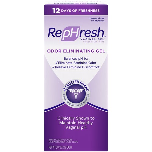 Rephresh Odor Eliminating Vaginal Gel, 0.07 oz, 4 countnMaintain a healthy vaginal pHnThe control of your feminine health and balance and maintain your vaginal pH by using RepHresh™ Vaginal Gel every 3 days. A single application can maintain vaginal pH in the normal range for 72 hours or more. That means you can eliminate odor and discomfort - and enjoy long-lasting freshness and confidence.nnRepHresh™ Vaginal Gel is safe for long-term use.nnRepHresh™ Vaginal Gel and RepHresh™ Pro-B™ both help maintain feminine health*.nnRepHresh™ Vaginal GelnHow It WorksnBalances pH to eliminate feminine odor and relieve minor discomfort. RepHresh Gel is inserted directly into the vagina. Each application lasts 3 days.nWhen To Usen☑ After your periodn☑ Before or after sexn☑ After douchingn☑ For freshness anytimen*These statements have not been evaluated by the Food and Drug Administration. This product is not intended to diagnose, treat, cure or prevent any disease.