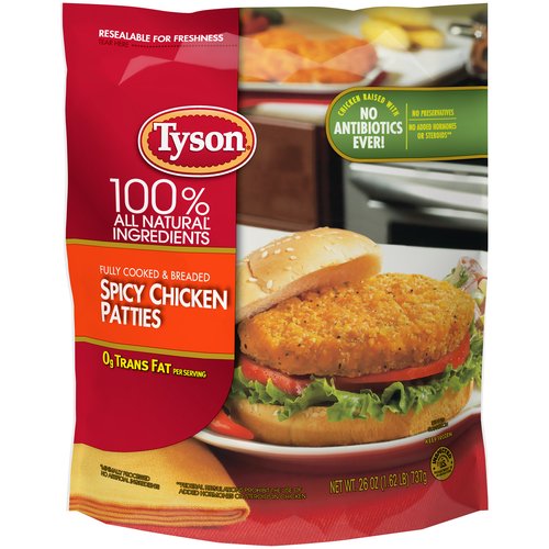 Tyson Fully Cooked & Breaded Spicy Chicken Patties, 26 oz
Made with chicken raised with no antibiotics ever, Tyson Frozen Fully Cooked Spicy Chicken Patties are a delicious addition to any meal. Our chicken patties are made with no preservatives, then breaded with a kick of spice. With 0 grams of trans fat per serving, these chicken patties are perfectly sandwich sized for a quick lunch or dinner. Fully cooked and ready-to-eat, simply prepare in an oven or microwave and serve with ketchup on a sesame seed bun for a delicious lunch. Includes one 26 oz package. Everything seems to turn out a whole lot better when you just keep it simple. No nonsense. Just stick to the good stuff. The 100% real stuff that makes life, and chicken, great. With farm raised chicken of the highest quality, with no antibiotics ever, we keep it real in everything we do. Keep it real. Keep it Tyson. *Minimally processed, no artificial ingredients.