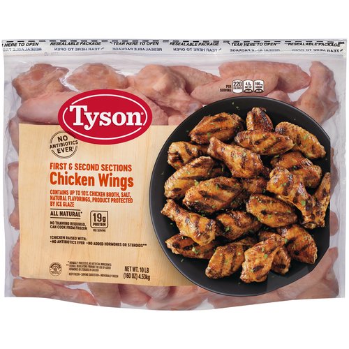Tyson First & Second Sections Chicken Wings, 10 lb
There's nothing like cooking from scratch, especially when you start with Tyson Individually Frozen Chicken Wing Sections. Raised with no antibiotics ever, our all-natural* chicken is juicy and tender with 19 grams of protein and 0 grams of trans fat per serving. Perfect for grilling and frying, simply cook and serve our chicken wing sections with Buffalo sauce for a quick and delicious weeknight dinner. Includes one 10 lb. package of individually frozen chicken. Everything seems to turn out a whole lot better when you just keep it simple. No nonsense. Just stick to the good stuff. The 100% real stuff that makes life, and chicken, great. With farm raised chicken of the highest quality, with no antibiotics ever, we keep it real in everything we do. Keep it real. Keep it Tyson. *Minimally processed, no artificial ingredients.