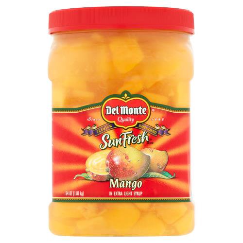 Del Monte SunFresh Brand Mango in Extra Light Syrup, 64 oz
Delicious, hand-selected premium fruit that is peeled, cut into bite-size chunks & ready to eat. Enjoy all year round!
Refreshing, sun-ripened mangoes are packed at the peak of perfection.