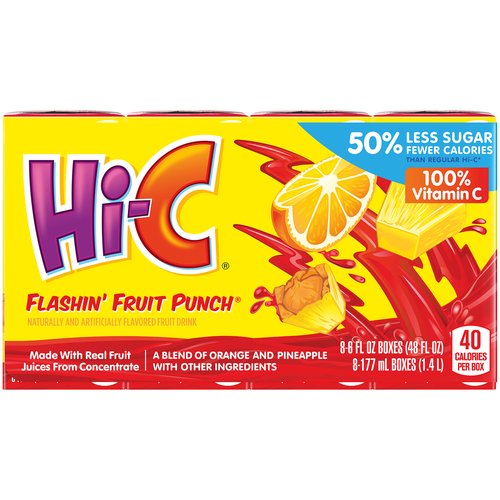 Hi-C Flashin Fruit Punch Cartons, 6 fl oz, 8 Pack
Flavor your fun with real fruit juice. Anytime. Anywhere. Each Hi-C drink box contains a full day's supply of Vitamin C, is made with real fruit juice, and has the great taste your kids love.

Add a kick to your punch. A perfect mix of flavors to brighten up your day with the ultimate fruit punch.

Available in convenient and portable 6 fl oz juice boxes.