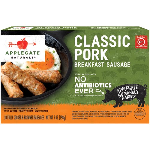 Calling all sausage fans, here’s your classic favorite.  • Applegate, Natural Classic Pork Breakfast Sausage, 7oz (Frozen)  • No Antibiotics or Added Hormones  • No Chemical Nitrites or Nitrates  • No Artificial or GMO Ingredients  • Humanely Raised  • Certified Gluten Free  • Dairy Free  • Casein Free