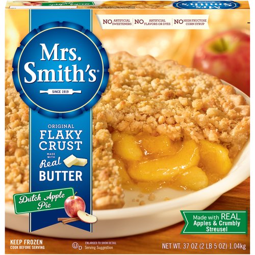 Mrs. Smith's Original Flaky Crust Dutch Apple Pie, 37 oz
0 Gram of Trans Fat* per Serving
*See Nutrition Information for Fat & Saturated Fat Content

Just Like Homemade
Our Pies Do Not Contain:
• High Fructose Corn Syrup
• Artificial Sweeteners, Dyes or Flavors

Nothing creates a delicious, warm welcome like Mrs. Smith's® blue ribbon pies. Lovingly made from Amanda Smith's original recipes created in the early 1900s, only Mrs. Smith's® pies have her signature blue ribbon award-winning flaky crust, made with a touch of real sweet cream butter, abundant seasonal fruit and signature spices. Today, our bakers spend hours delicately preparing each pie, and personally sample a handful each day to ensure that each and every pie tastes as good as the original. So when you serve up a slice of Mrs. Smith's® blue ribbon dutch apple pie, you can be sure your guests will feel welcome with every bite.
