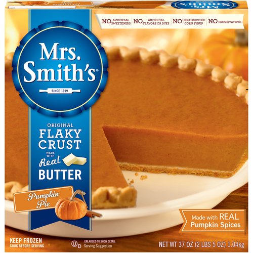 Mrs. Smith's Original Flaky Crust Pumpkin Pie, 37 oz
0 Gram of Trans Fat* per Serving
*See Nutrition Information for Fat & Saturated Fat Content
Just Like Homemade
Our Pies Do Not Contain:
• High Fructose Corn Syrup
• Artificial Sweeteners, Dyes or Flavors
Nothing creates a delicious, warm welcome like Mrs. Smith's® blue ribbon pies. Lovingly made from Amanda Smith's original recipes created in the early 1900s, only Mrs. Smith's® pies have her signature blue ribbon award-winning flaky crust, made with a touch of real sweet cream butter, abundant seasonal fruit and signature spices. Today, our bakers spend hours delicately preparing each pie, and personally sample a handful each day to ensure that each and every pie tastes as good as the original. So when you serve up a slice of Mrs. Smith's® blue ribbon pumpkin pie, you can be sure your guests will feel welcome with every bite.
For more freshly baked goodness, try all our pies, cobblers & pie shells.