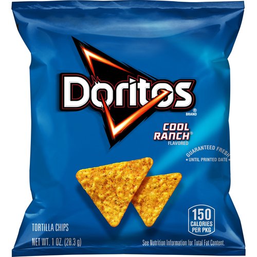 Doritos Tortilla Chips Cool Ranch Flavored, 1 oz
The DORITOS brand is all about boldness. If you're up to the challenge, grab a bag of DORITOS tortilla chips and get ready to make some memories you won't soon forget. It's a bold experience in snacking and beyond.