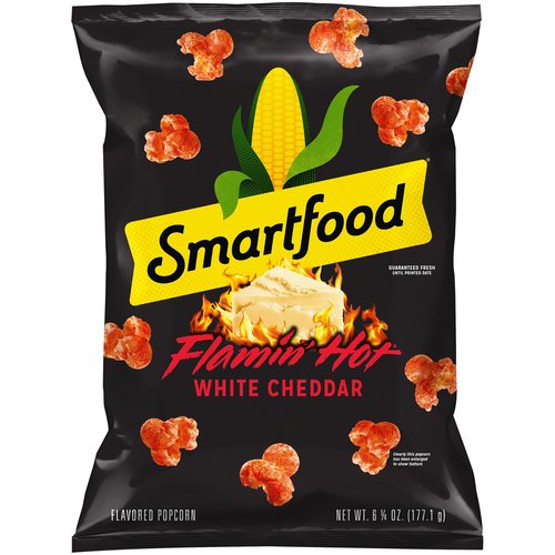 Have a taste of Smartfood Flamin' Hot Cheddar Flavored Popcorn. Yum! As America's favorite popcorn brand, our fresh-tasting, light-textured SMARTFOOD varieties always seem to keep the fun popping. In our book, being smart is always in great taste.nnFlamin' Hot® White Cheddar is here.nOther snacks can go now.nnAir-Popped Popcorn Tossed in the Flavors of White Cheddar Cheese and Plenty of Flamin' Hot® Heat.nThe Popcorn Flavor You Didn't Even Know You Were Waiting for.nn15g of Whole Grains per Serving*n*48g of Whole Grains Recommended Daily