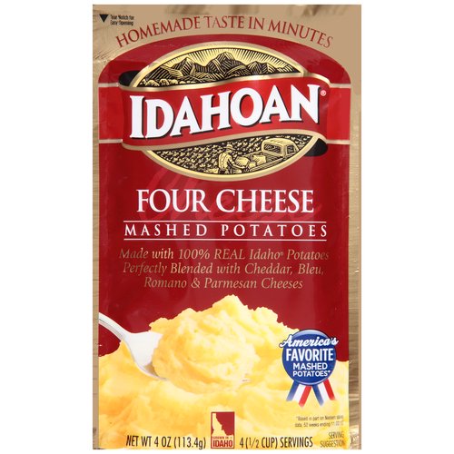 Idahoan Four Cheese Mashed Potatoes, 4 oz
Made with 100% Real Idaho® Potatoes Perfectly Blended with Cheddar, Bleu, Romano & Parmesan Cheeses

America's favorite mashed potatoes*
*Based in part on Nielsen sales data, 52 weeks ending 11.02.13
