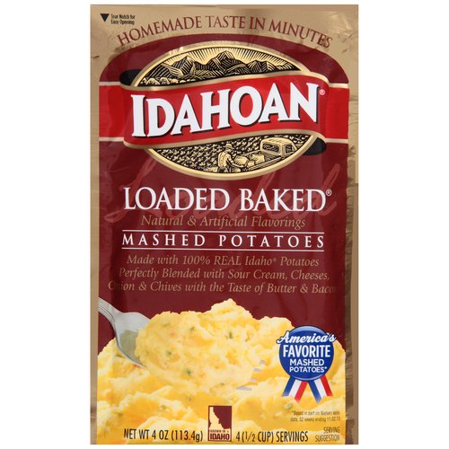 Idahoan Loaded Baked Mashed Potatoes, 4 oz
Whip up delicious, rich mashed potatoes in minutes with Idahoan Loaded Baked Mashed Potatoes! Our instant mashed potatoes are always made with 100% Real Idaho potatoes. Perfect for a variety of wholesome recipes, Idahoan Loaded Baked Mashed Potatoes are easy to prepare and ready in minutes. Simply heat water on stovetop or in a microwave, add the entire pouch of mashed potatoes, and voilà! Each order includes 1 (4oz) pouch with 4 (1/2 cup) servings. Whether you're looking for traditional comfort food, or wanting a modern spin on classic dishes, Idahoan delivers Homemade Taste—Every Time.