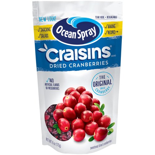 Ocean Spray Craisins The Original Dried Cranberries, 6 oz
Sweetened Dried Cranberries

1 serving of Craisins® Dried Cranberries meets 25% of your daily recommended fruit needs*.
*Each 1/4 cup serving of Craisins® Dried Cranberries provides 1/2 cup of fruit. The USDA My Plate recommends a daily intake of 2 cups of fruit for a 2,000 calorie diet.