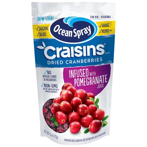 Ocean Spray Craisins Infused with Pomegranate Juice Dried Cranberries, 6 oz
Sweetened Dried Cranberries with Pomegranate Juice Concentrate

1 serving of Craisins® Dried Cranberries meets 25% of your daily recommended fruit needs*
*Each 1/4 cup serving of Craisins® Dried Cranberries provides 1/2 cup of fruit. The USDA My Plate recommends a daily intake of 2 cups of fruit for a 2000 calorie diet.