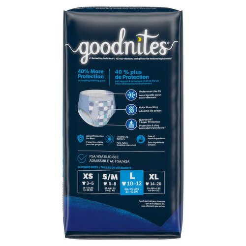 Goodnites Boys Bedwetting Underwear, Sizes 10-12, L, 68-95 lbs, 11 count - The Fresh Grocer Goodnites Boys Bedwetting Underwear, Sizes 10-12, L, 68-95 lbs, 11 count - The Fresh Grocer