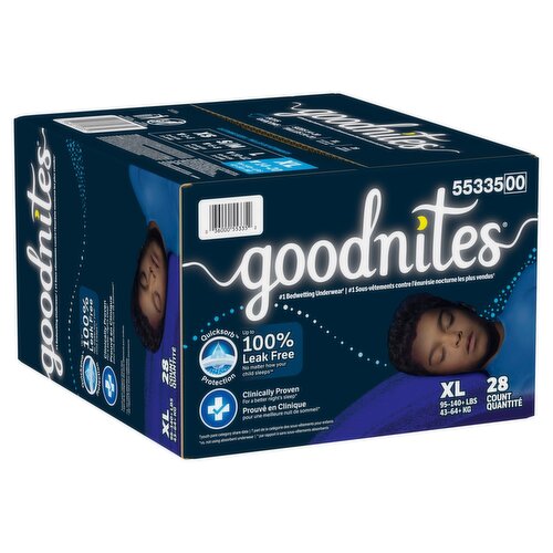 Goodnites Boys Bedwetting Underwear, Sizes 14-20, XL, 95-140+ lbs, 28 count - The Fresh Grocer Goodnites Boys Bedwetting Underwear, Sizes 14-20, XL, 95-140+ lbs, 28 count - The Fresh Grocer