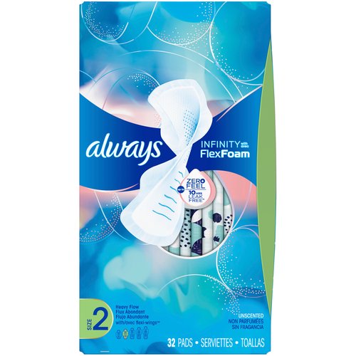 always Infinity FlexFoam Heavy Flow Unscented Pads, Size 2, 32 count
Try Always Infinity FlexFoam for a pad that feels like nothing and protects like nothing else! With Always Infinity FlexFoam pads a Zero Leak and Zero Feel period is possible. FlexFoam pads absorb up to 10x their weight. FlexFoam pads are unbelievably thin and flexible, so your pad moves with you, not against you. Zero Feel protection is possible with our driest, breathable top layer, and super absorbent holes that pull wetness away from your skin. Always FlexFoam pads are dermatologically tested, and approved as skin friendly by the Skin Health Alliance. Always products are FSA/HSA Eligible.Always Infinity pads are made with FlexFoam, Not Fluff. With Always Infinity FlexFoam, the holes and slots in the core pull fluid away from your body and distribute it to the bottom of the pad. So, it absorbs more and leaves you feeling drier, for protection that doesn't hold you back.Always Infinity FlexFoam pads offer up to 10 hours of protection, so in between balancing the day's to-do list, you don't have time to question your period protection. In addition, they also have a breathable top layer that keeps you feeling dry all day long, so you can say goodbye to hot and stuffy.