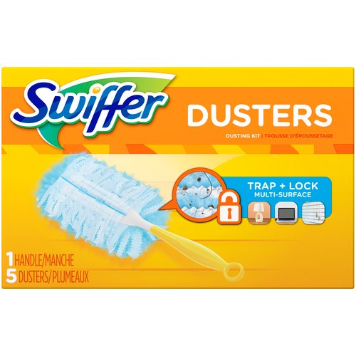 Starter kit. Swiffer 180 Dusters Trap + Lock dust & allergens common inanimate allergens from cat and dog dander & dust mite matter. Specially coated fibers grab onto dust & don't let go.