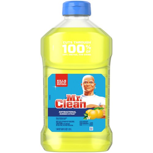 Mr. Clean Antibacterial Summer Citrus Multi-Purpose Cleaner Limited Disinfectant, 1.40 qt
Clean every room of your house with the fighting power of Mr. Clean's Antibacterial Summer Citrus multi-surface liquid cleaner. Not only does it knock out dirt, it kills 99.9% of bacteria*, and works all around the house on everything from linoleum, to tile, to toilets and bathtubs, and even garbage cans.