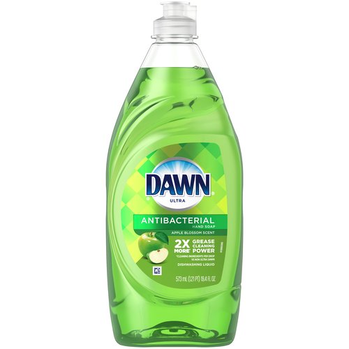 Dawn Ultra Apple Blossom Scent Antibacterial Hand Soap and Dishwashing Liquid, 19.4 fl ozn2x more* grease cleaning powern*Cleaning ingredients per drop vs non ultra DawnnnUsenFor handwashing to decrease bacteria on the skinnnDrug FactsnActive ingredient - PurposenChloroxylenol 0.30% - Antibacterial hand soap