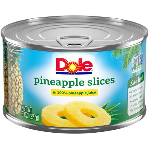 Dole Pineapple Slices in 100% Pineapple Juice, 8 oz
Live well
All natural fruit
Rich in vitamin C
Naturally gluten free
BPA-free packaging