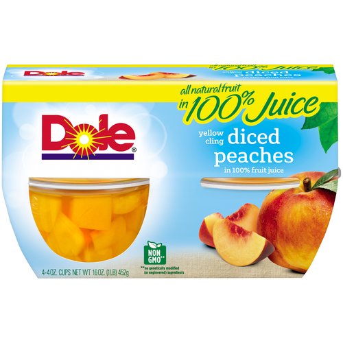 Dole Yellow Cling Diced Peaches, 4 oz, 4 count
All Natural Fruit in 100% Juice