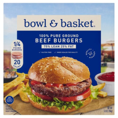 Bowl & Basket 75% Lean 25% Fat Beef Burgers, 1/4 pound, 20 count Image 2 of 3
