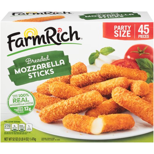 FarmRich Breaded Mozzarella Sticks Party Size, 45 count, 52 oz
Our Breaded Mozzarella Sticks are made with 100% real mozzarella and are an excellent source of protein and calcium. They are the perfect combination of gooey cheese and a ''Crispy'' breading!