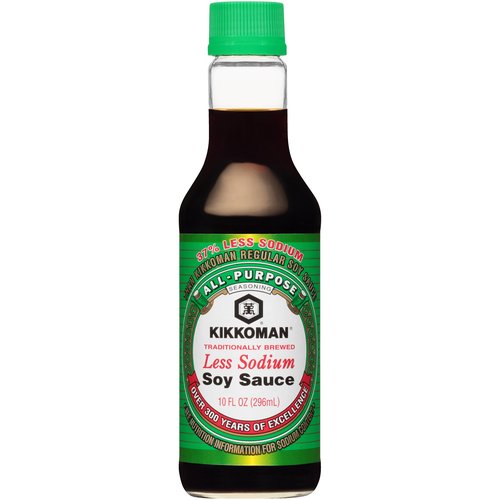 Kikkoman All-Purpose Seasoning Less Sodium Soy Sauce, 10 fl oz
Kikkoman Less Sodium Soy Sauce contains 575 mg of sodium per serving, compared to 920 mg in our regular soy sauce. Use Kikkoman Less Sodium Soy Sauce as you would our regular Soy Sauce; for basting, marinating, as an ingredient in sauces, vegetables, stews and soups.