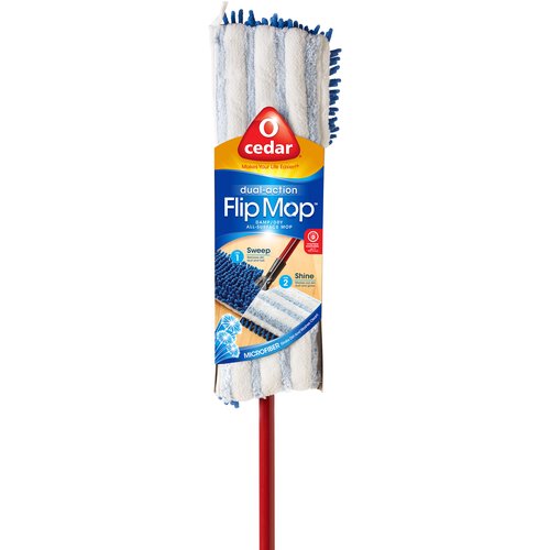 O-Cedar Hardwood Floor 'N More 3-Action Flip Damp/Dry Mop
An all-in-one, dual-action mop for twice the cleaning power. The Hardwood Floor ‘N More® Flip Mop is designed for dry or wet cleaning with an extra wide double-sided mop head. This multi-purpose mop effortlessly attracts dust, dirt and hair using the ultra-dense, dry chenille side. The microfiber side removes over 99% of bacteria with just water.*
*Removes, does not kill, over 99% of E. coli and Staph. aureus from pre-finished hardwood flooring and ceramic tile using tap water, as tested at an independent accredited lab