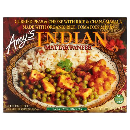 Curried Peas & Cheese with Chana MasalannThe Mattar Paneer is made with paneer cheese and tender organic peas in a delicately spiced sauce. Carrots, onions and cumin add flavor and color to the organic basmati rice. Curried chana masala, made with organic garbanzo beans and sweet organic tomatoes, rounds out this delicious meal that we're sure will appeal to all who appreciate fine Indian cooking.