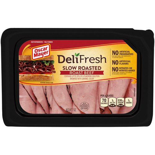 Oscar Mayer Deli Fresh Slow Roasted Roast Beef Sliced Lunch Meat, 7 oz Tray
Oscar Mayer Deli Fresh Slow Roasted Roast Beef is quality deli meat with no artificial preservatives or artificial flavors and no nitrates or nitrites added. Deli Fresh Slow Roasted Roast Beef lunch meat is fully cooked and has a deliciously rich, classic roast beef flavor. Deli Fresh makes the perfect lunch - use these cold cuts to make roast beef sandwiches for a school lunch, or try making roast beef sliders in the oven. Deli Fresh Slow Roasted Roast Beef also makes a great addition to cheese and crackers or salads. Keep the 7 ounce tray refrigerated.

• One 7 oz. tray of Oscar Mayer Deli Fresh Slow Roasted Roast Beef Lunch Meat
• No artificial preservatives, see back panel for ingredients to support quality
• Fully cooked and ready to eat with no artificial flavors
• No nitrates or nitrites added, except those naturally occurring in cultured celery juice
• Perfect addition to a deli sandwich
• Add a few slices of roast beef deli meat to a sandwich, salads or cheese and crackers
• Keep packaged meat refrigerated
