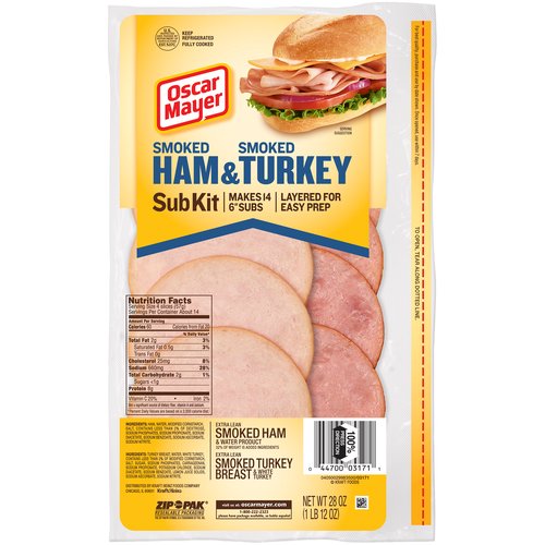 Oscar Mayer Smoked Ham & Turkey Sub Kit, 28 oz
Smoked Ham & Water Product 
32% of Weight is Added Ingredients
Smoked Turkey Breast & White Turkey

Zip-Pak® Resealable Packaging
