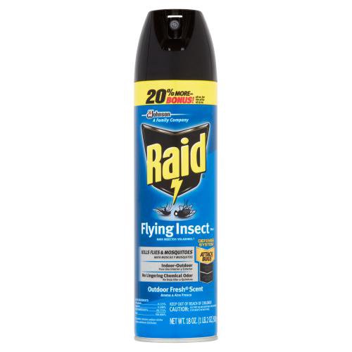 Raid Flying Insect Killer 7, 18 oz
Raid Flying Insect Killer is specially formulated to kill a number of flying insects: Asian lady beetles, boxelder bugs, flies, fruit flies, hornets, mosquitoes, non-biting gnats, small flying moths, wasps, and yellow jackets. Flying insect spray kills on contact and can be used both indoors and outdoors.

• Kills: Asian Lady Beetles, Boxelder Bugs, Flies, Fruit Flies, Hornets, Mosquitoes, Non-biting Gnats, Small Flying Moths, Wasps, Yellow Jackets
• Can be used as both an outdoor and indoor insect killer
• Fruit fly killer with Outdoor Fresh scent
• Kills on contact
• For fast knockdown, spray fly killer directly at insects, keeping about 3 feet from interior walls, fabrics, and furniture
• See below for full ingredients list and directions