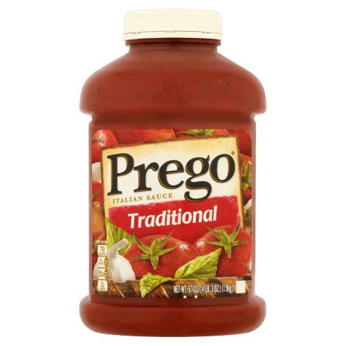 Prego Traditional Italian Sauce Value Size, 67 oz
Be the hero at dinner with Prego Traditional Pasta Sauce. Versatile and delicious, this classic red sauce features the rich, sweet taste of vine-ripened tomatoes balanced with flavorful herbs and seasonings, perfect for any recipe. This pasta sauce has a taste everyone loves and a thick texture that doesn't water out, making it a perfect pairing with any pasta. Prego pasta sauce is gluten free, vegan and made without artificial colors or added MSG for a spaghetti sauce you can feel good about. Top off any pasta with this Prego Italian sauce for a quick, family-pleasing meal, or use it as a base for your favorite recipes. The tomato sauce jar top is easy to close and store in the refrigerator for leftovers. Give your family the taste everyone loves with Prego.