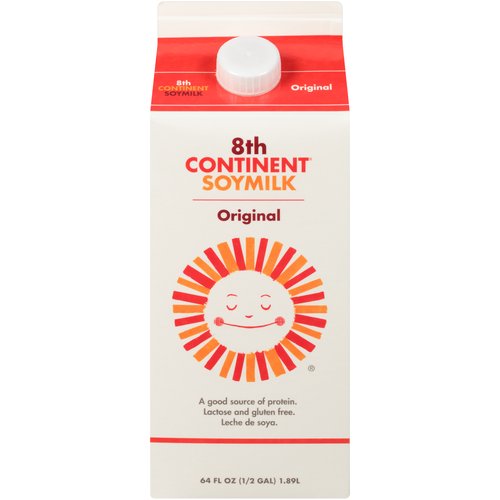 8th Continent Original Soymilk, half gallon
Made with Solae® soy protein; the soy protein with proven health benefits.

Make It A Healthy Day
• Excellent source of calcium
• Made from U.S. grown soybeans
• May reduce risk of heart disease,* high blood pressure and stroke**
• Uses less water, energy and production than other sources of protein
*25 grams of soy protein a day, as part of a diet low in saturated fat and cholesterol, may reduce the risk of heart disease. 8th Continent Soymilk contains 8 grams of soy protein per serving. ** Diets containing foods that are good sources of potassium and low in sodium may reduce the risk of high blood pressure and stroke.

See Our Plate!
8th Continent Soymilk is proud to be a healthy part of your diet! Soybeans are found in 3 of the 5 food groups (Vegetables, Dairy and Proteins) and are a great part of healthy living. Enjoy a glass of 8th Continent Soymilk and enjoy perks like maintaining a healthy heart, weight management, prevention of osteoporosis, and avoiding certain food intolerances for those who might be looking for non-dairy or gluten-free options.

Eat healthy, live free.