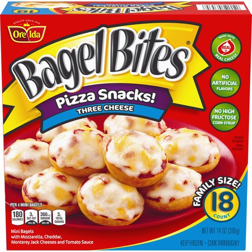 Ore Ida Bagel Bites Three Cheese Pizza Snacks! Family Size!, 18 count, 14 oz
Mini Bagels with Mozzarella, Cheddar, Monterey Jack Cheeses and Tomato Sauce