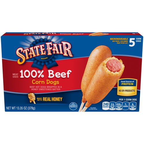 State Fair 100% Beef Corn Dogs, 5 count, 13.35 oz
Beef Hot Dogs Wrapped in a Honey Sweetened Batter

Quick, delicious, and a good source of protein
A satisfying snack made with authentic ingredients like batter made with real honey and meat used 100% beef with no by-products.