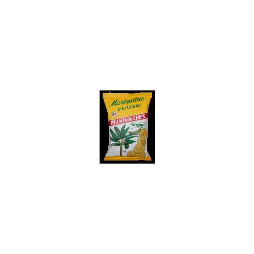 Freshly manufactured in Miami, Florida, Mariquitas (mar-e-kee-tas) is the original brand of plantain chips.nnThe Plantain TruthnPlantain is the cousin of the Banana. nThe plantains come from tropical regions of Central and South America; the same as the banana, the most popular fruit in the USA.nOur Mariquitas Plantains have a delicious, unique flavor. They are a source of potassium, low in sodium, gluten free and absorb less oil than most potato chips.nMariquitas have no additives or preservatives - a genuine and delicious alternative to other snack chips.nThey are peeled, sliced and cooked to perfection in 100% non-hydrogenated vegetable oil.