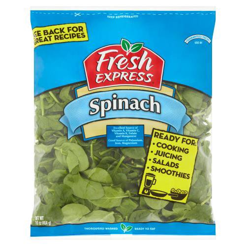 Fresh Express Tender Leaf Blends Spinach, 16 oz
Spinach is an excellent source of vitamin A, vitamin C, vitamin K, folate & manganese. Vitamin A contributes to the maintenance of normal vision. Folate contributes to normal maternal tissue growth during pregnancy. Vitamin C contributes to normal collagen formation and the normal function of bones, teeth, cartilage, gums, skin and blood vessels. Vitamin K contributes to maintenance of normal bone. Low fat diets rich in fruits and vegetables (foods that are low in fat and contain vitamin A, vitamin C and dietary fiber) may reduce the risk of some types of cancer, a disease associated with many factors.

Why We're So Fresh®
To Guarantee Fresh Express Salads Are Consistently, Deliciously Fresh®, We:
• Cool Our Salads within Hours of Harvest and Keep Them Chilled from Field to Store.
• Thoroughly Rinse and Gently Dry: Then Seal Them in Our Keep-Crisp® Bag to Maintain Freshness.
• Deliver Fresh Salads Daily.

Fruits & veggies more matters®