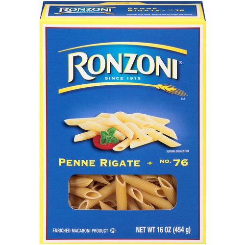Ronzoni Penne Rigate No. 76 Pasta, 16 oz
Ronzoni Penne Rigate pasta is tastefully textured and delightfully versatile. Its fine ridges and angled ends hold even the chunkiest of sauces. Pair it with a meaty bolognese, veggie-full red sauce, or roasted garlic oil. Penne Rigate works well in so many meals, it is a great go-to when you want to try new recipes and discover your next favorite pasta. Each 16 oz box contains 8 servings so you can share your favorite pasta dish with more than a few of your favorite people. A delicious foundation to wholesome meals, Ronzoni pasta is low fat, sodium- and cholesterol-free, vegetarian, non-GMO, and made with no artificial colors or preservatives. So, dish up delicious. Serve up scrumptious. Create your next five-star recipe. With Ronzoni, you can discover and re-discover your favorite pasta.
