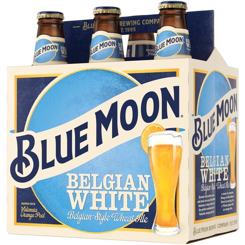 Blue Moon Belgian White is an unfiltered wheat ale brewed with Valencia orange peel versus the traditional, more bitter Curacao orange, for a subtle sweetness and smooth finish.