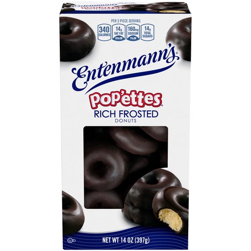 Entenmann's Pop'ettes Rich Frosted Donuts, 14 oz
Contains Rich Frosted chocolate donut Pop'ettes in a reclosable package