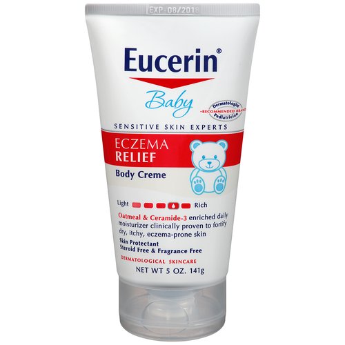 Eucerin Baby Eczema Relief Body Creme, 5 oz
Oatmeal & ceramide-3 enriched daily moisturizer clinically proven to fortify dry, itchy, eczema-prone skin

A gentle, non-greasy daily moisturizing body creme with oatmeal, ceramide-3 and licochalcone clinically proven to relieve and soothe dry, itchy eczema-prone skin. Keeps skin moisturized all day long.
• Natural oatmeal relieves dry, itchy, irritated skin
• Ceramide-3 and licochalcone enriched formula strengthens the skin's barrier and soothes red, irritated skin
• Appropriate for adults, children and babies 3 months and older, gentle enough for everyday use
• Fragrance free, steroid free & dye free
• #1 Pediatrician recommended brand of cremes and lotions for eczema

Uses
• temporarily protects and helps relieve minor skin irritation and itching due to:
• rashes
• eczema

Drug Facts
Active Ingredients - Purpose
Colloidal Oatmeal 1% - Skin Protectant